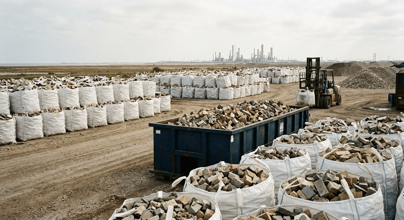 Bulk bags and a roll-off container of spent refractory brick staged at a Gulf Coast recycling yard